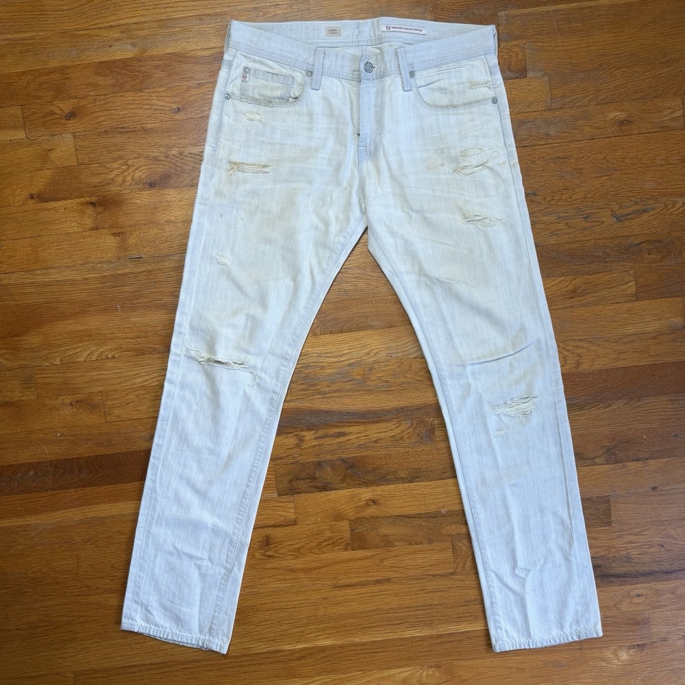 AG Adriano Goldschmied Men Jeans Sz 32 Geffen Denim Distressed Jeans Bone White
